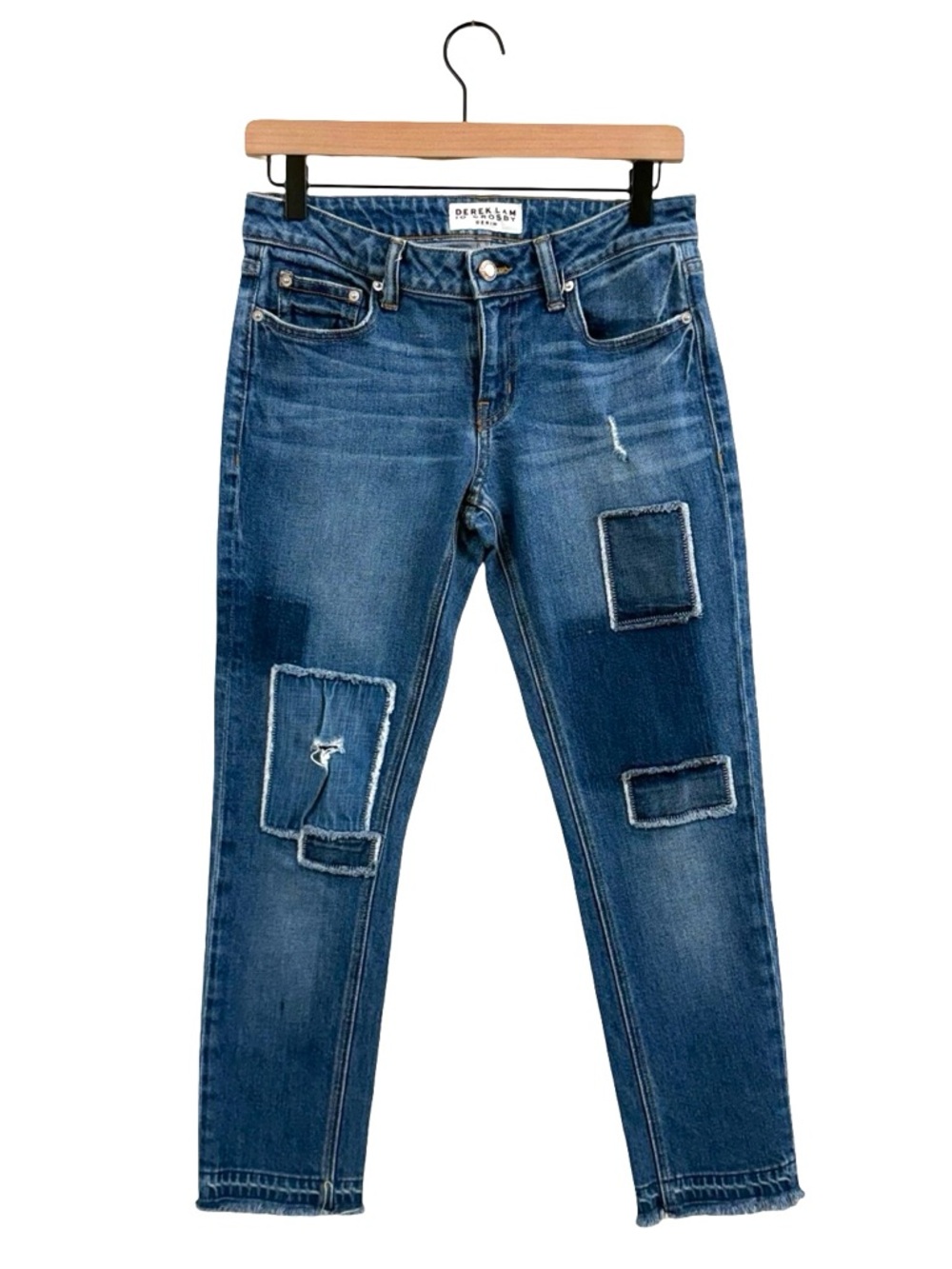 10 Crosby Derek Lam Distressed Blue Boyfriend Jeans with Patchwork